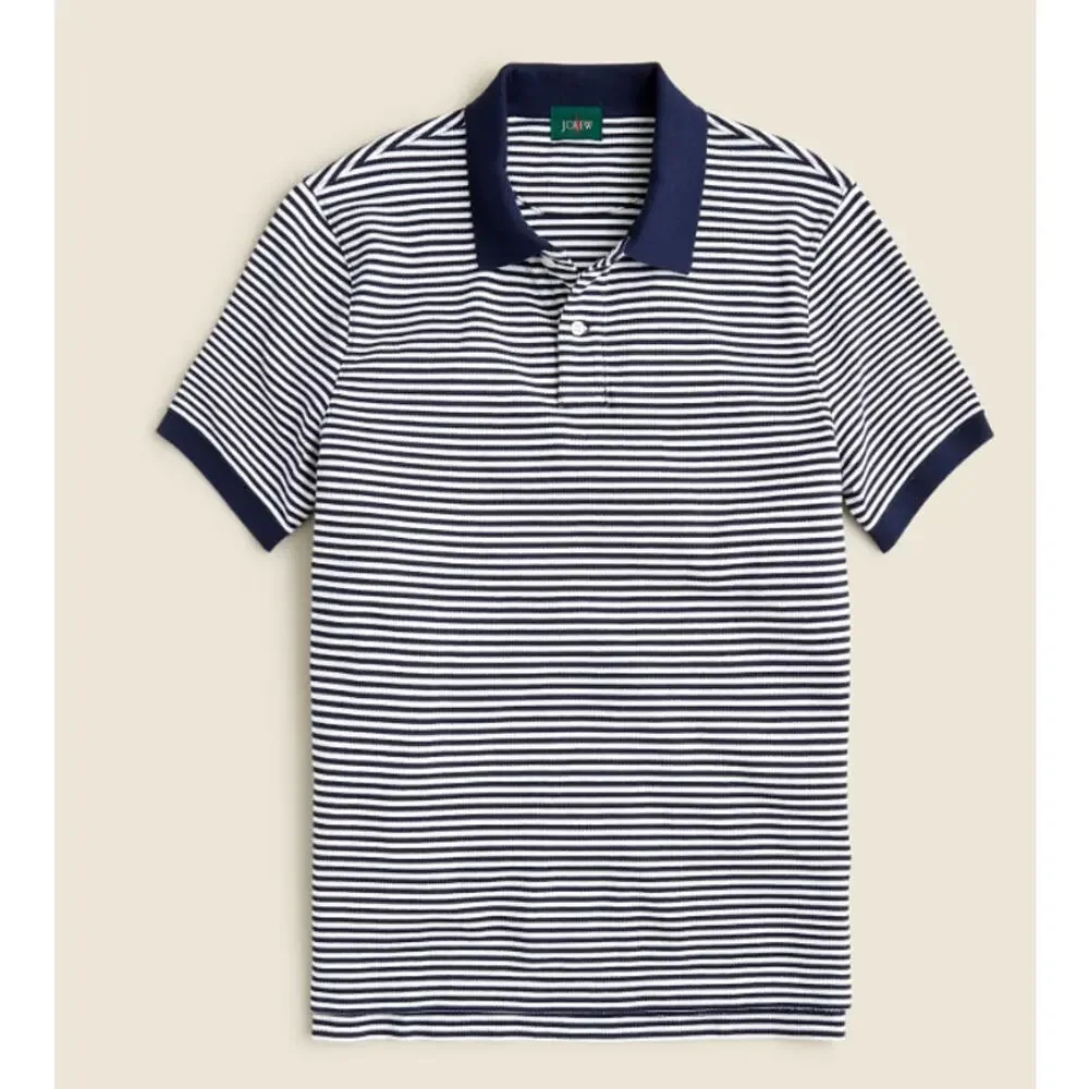 J.Crew Piqué Polo Shirt Mens L Navy White Striped Cotton Slim Fit Short Sleeve